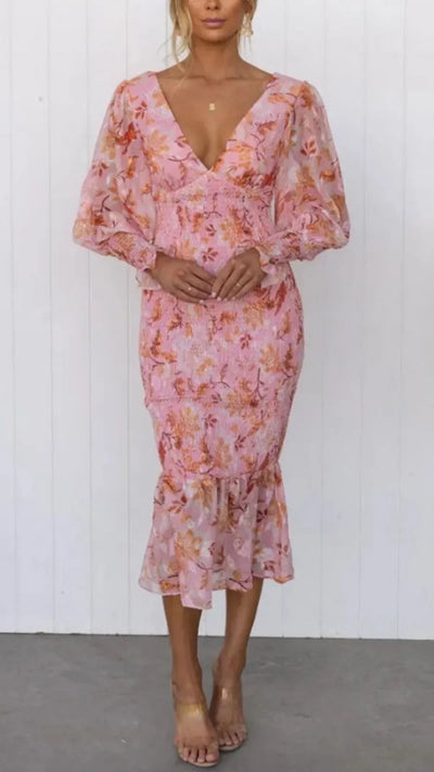 Nevara | Midi Dress With Flower Print