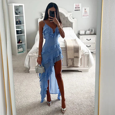 Lilah | Solid V-Neck Ruffle Slim Dress